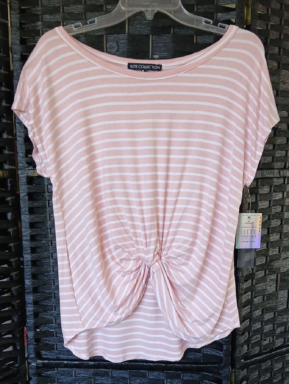 NWT Elite Collection Women’s Pink Striped Twist Knot Front Pullover Tee SZ L